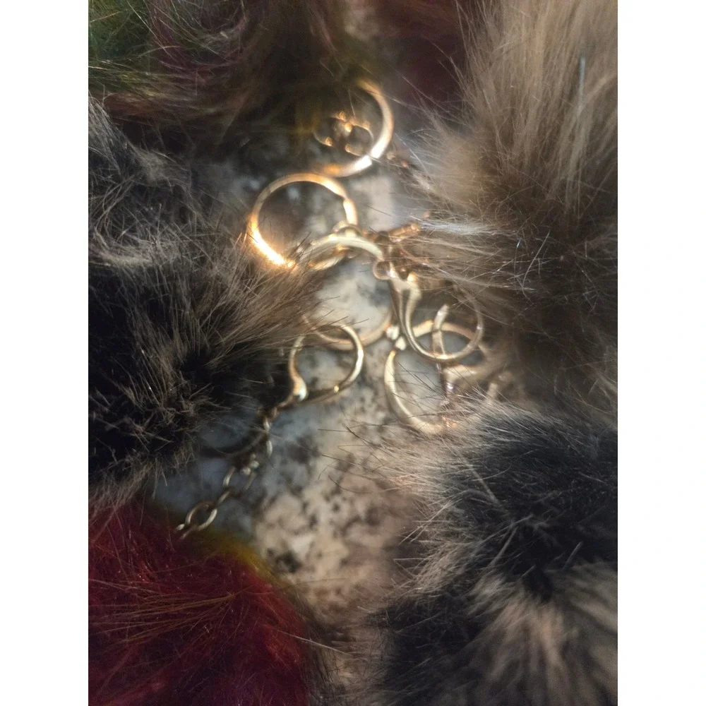 Set of 6 Faux Fur Pom Pom Keychains Gold Tone Clasp Bag Charms Multi Color